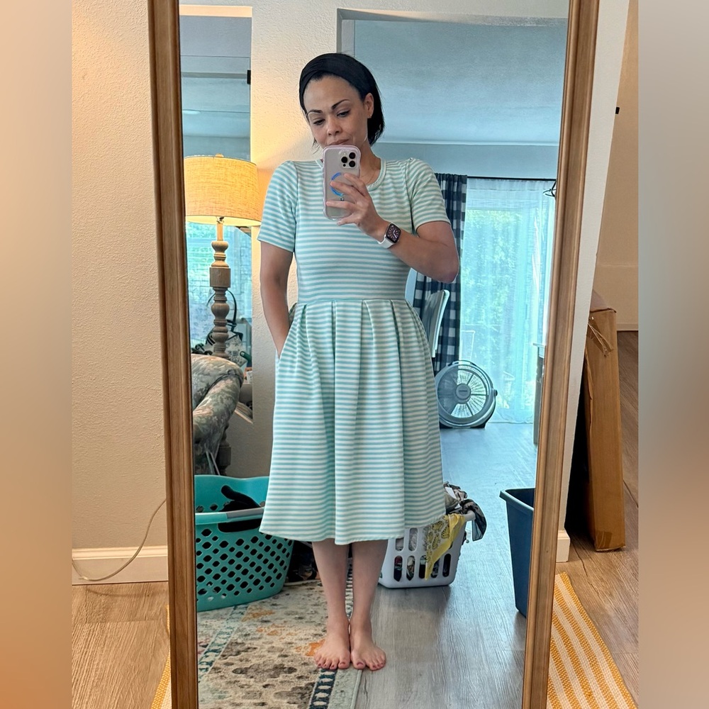 LuLaRoe “Amelia” Mint and White Striped Midi Dress